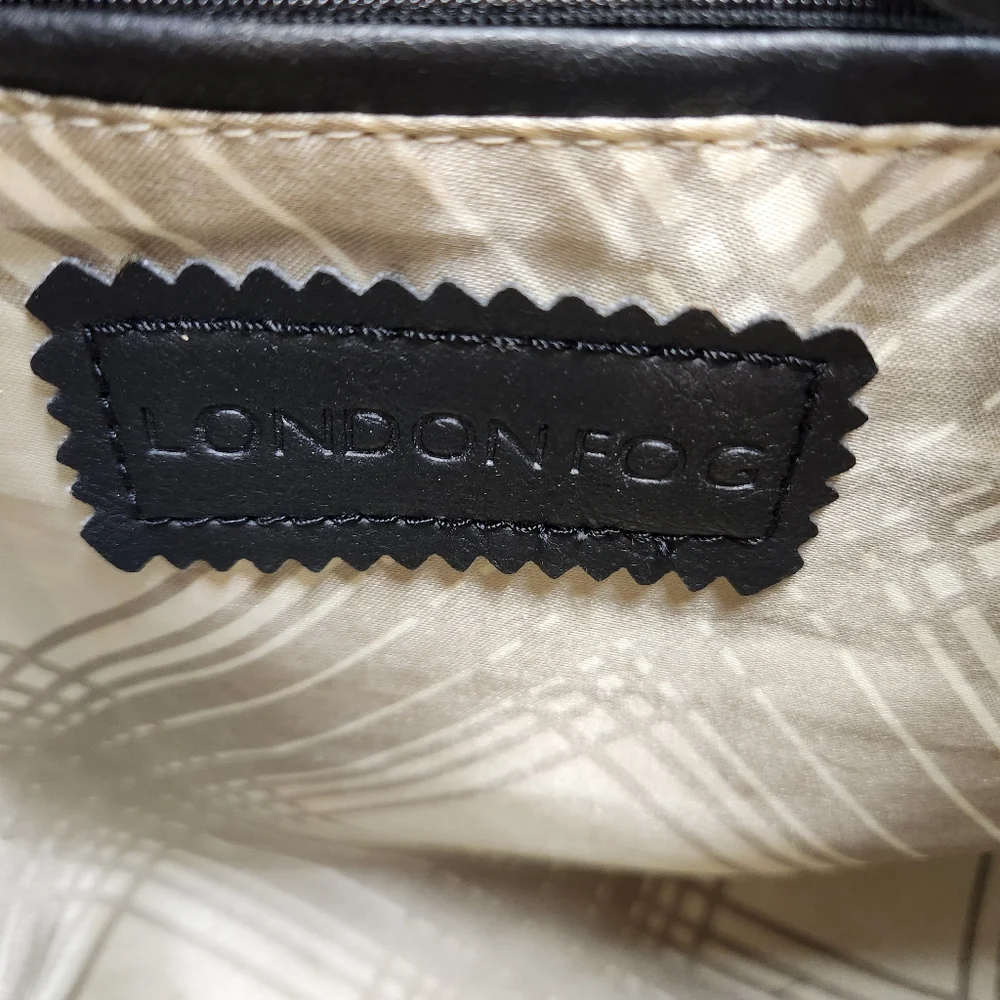 London Fog Handbag Large Tote Faux Vegan Leather Black Cream Gold Classic Preppy
